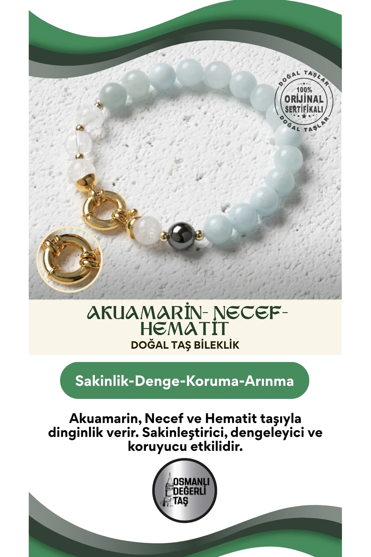 Osmanlı Değerlitaş Deniz Esintisi – Sertifikalı Doğal Akuamarin, Necef ve Hematit Taşı Bileklik