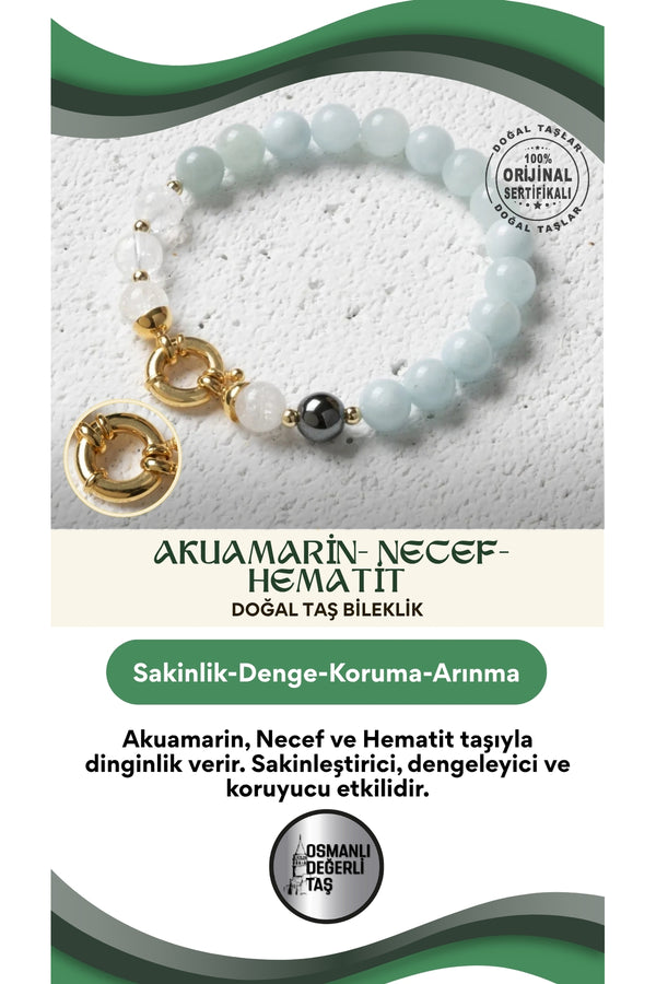 Osmanlı Değerlitaş Deniz Esintisi – Sertifikalı Doğal Akuamarin, Necef ve Hematit Taşı Bileklik