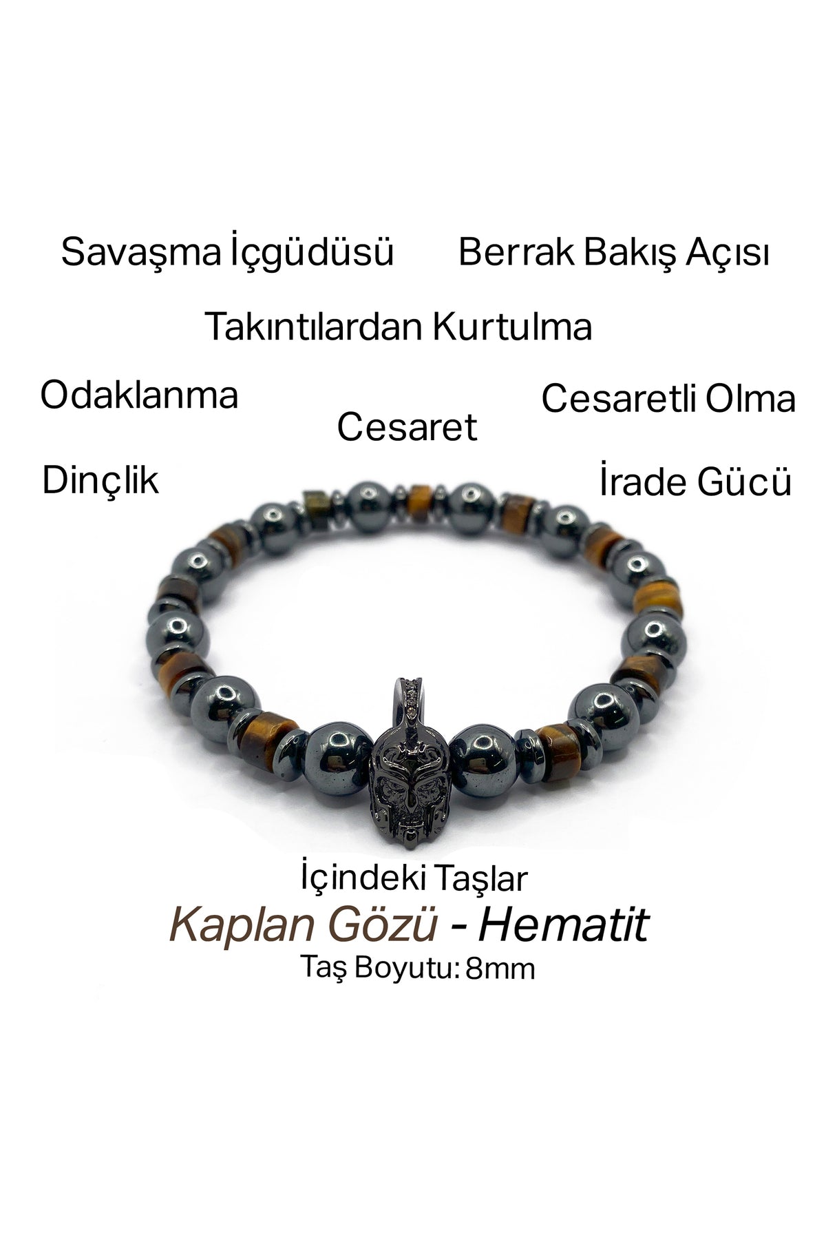 Sertifikalı Hakiki Orijinal Kaplan Gözü - Hematit 8mm Gladyatör Aparatlı Misinalı Doğal Taş Bileklik