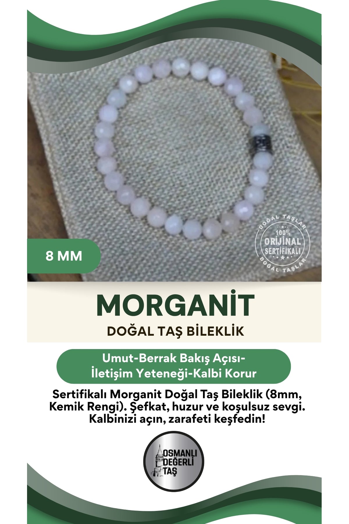 Sertifikalı Morganit Doğal Taş Bileklik-8mm Kemik Rengi B261