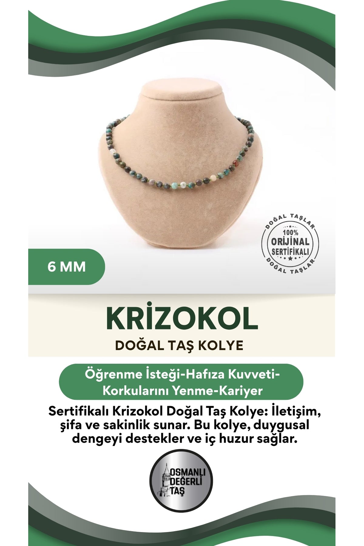 Sertifikalı Krizokol Doğaltaş Kolye 6 Mm, M574