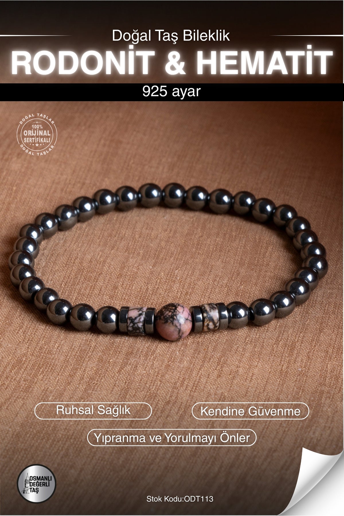 Sertifikalı RODONİT & HEMATİT Doğal Taş Bileklik ODT113