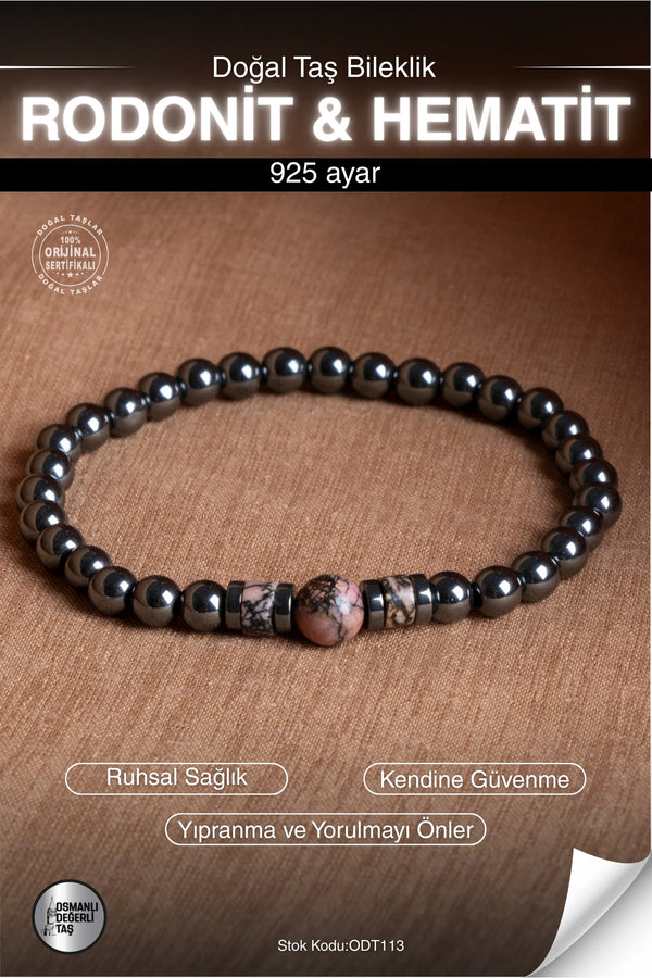 Sertifikalı RODONİT & HEMATİT Doğal Taş Bileklik ODT113