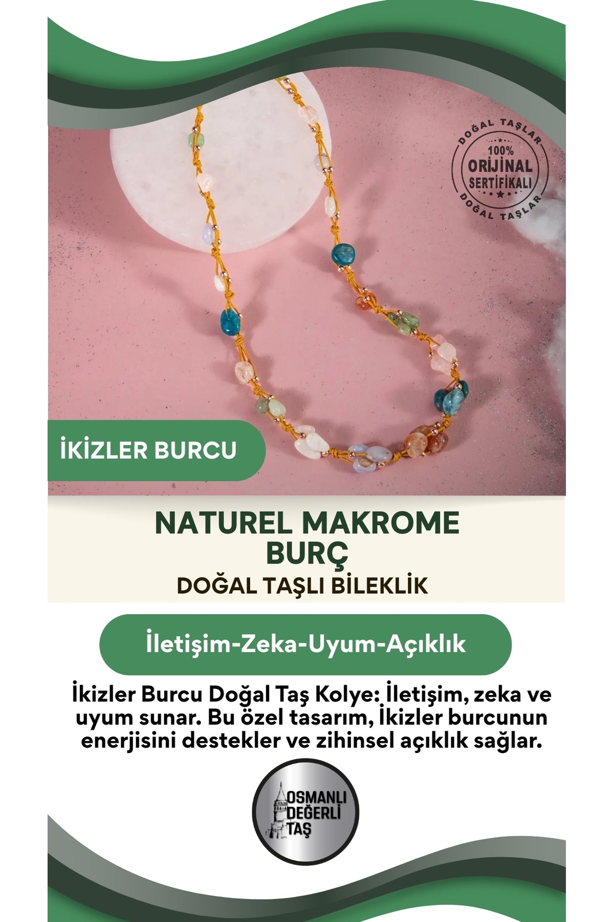 Ikizler Burcu Doğal Taş Natürel Makrome Kolye