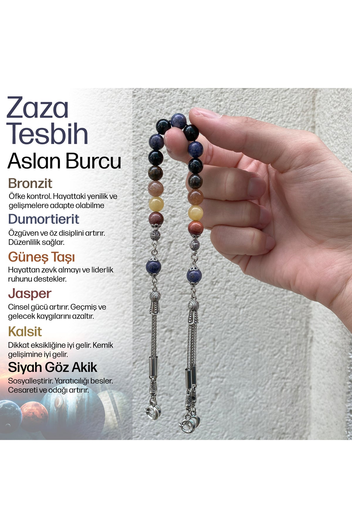 Aslan Burcu Zaza Tesbih Doğal Taş Bronzit, Dumortierit, Güneş Taşı, Jasper, Kalsit, Siyah Göz Akik