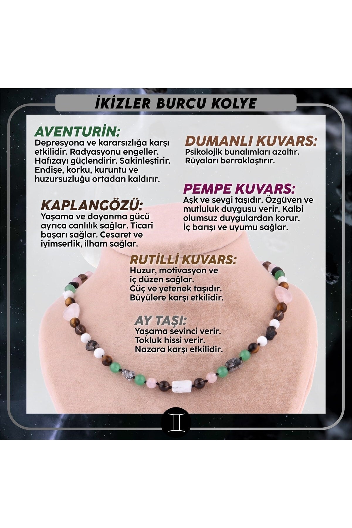 Ikizler Burcu Kolye-kaplan Gözü-ay Taşı-yeşim-pembe Kuvars-kırmızı Akik-güneş Taşı
