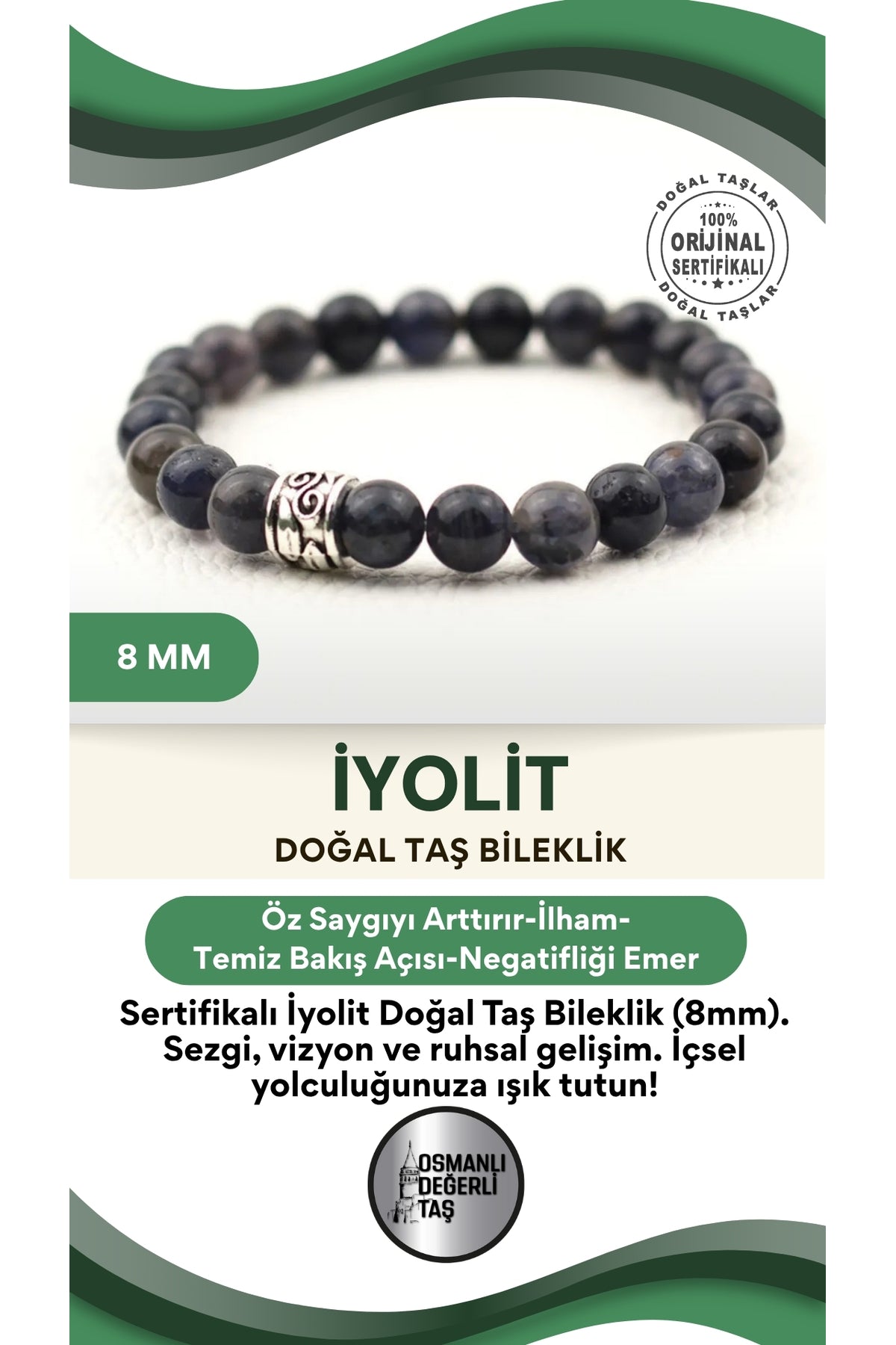 Sertifikalı Iyolit Doğal Taş Bileklik 8 Mm B173
