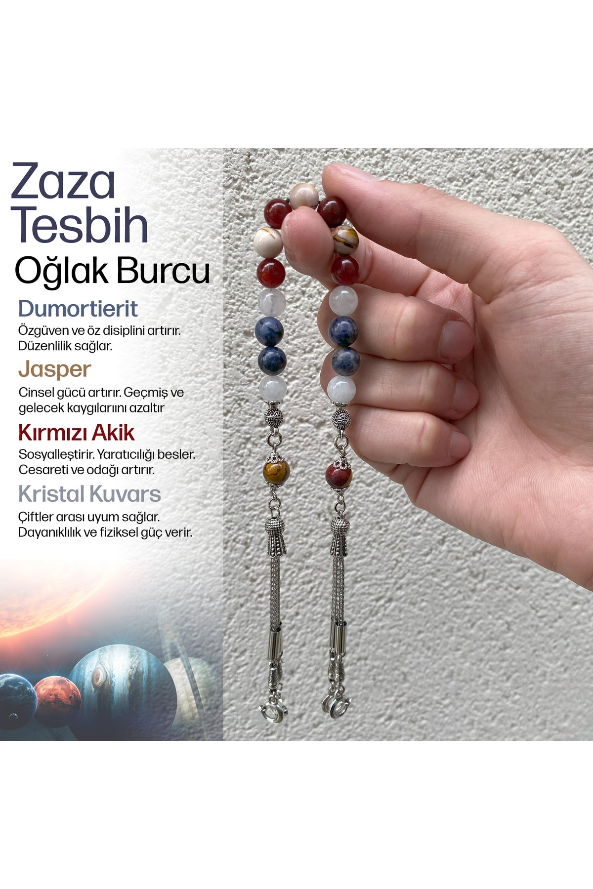 Oğlak Burcu Zaza Tesbih Doğal Taş Dumortierit, Jasper, Kırmızı Akik, Kristal Kuvars