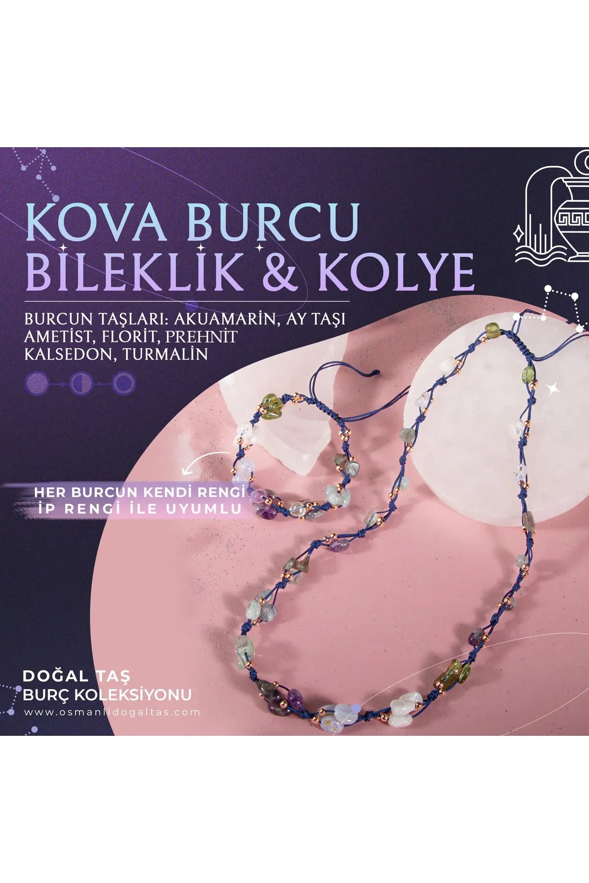 Kova Burcu Doğal Taş Natürel Makrome Kolye Bileklik Seti