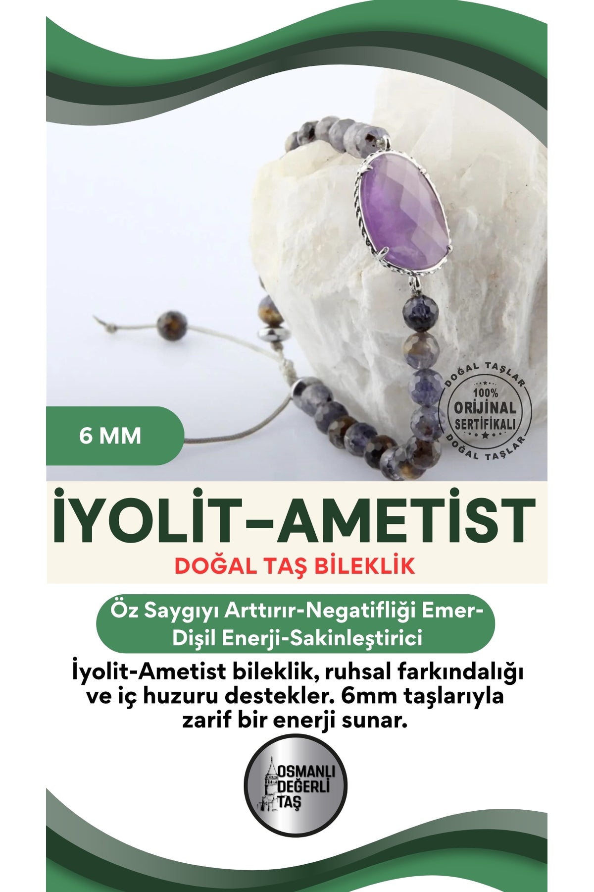 Sertifikalı Iyolit - Ametist Taşı Doğal Taş Bileklik 6mm