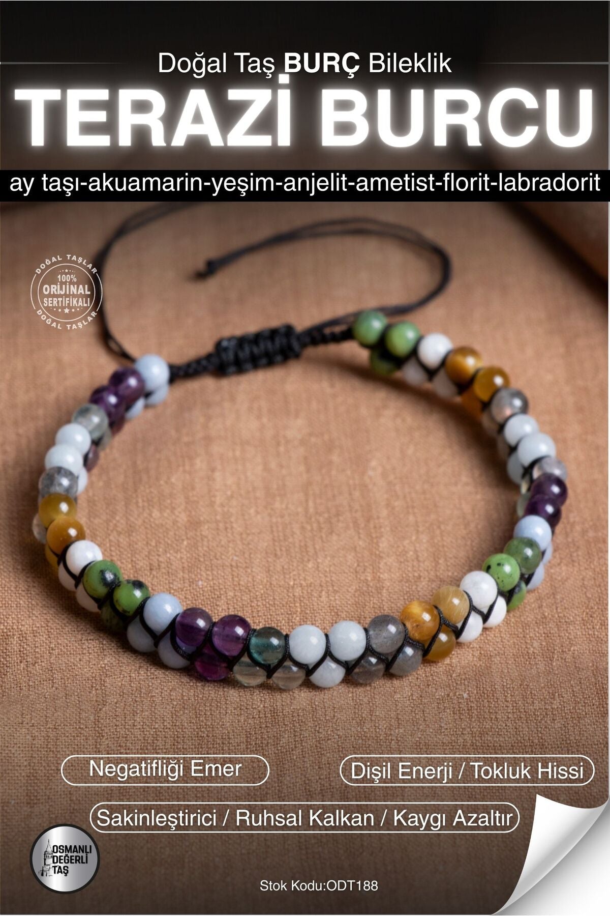 SERTİFİKALI Ay Taşı-Akuamarin-Yeşim-Ametist-Labradorit Terazi Burç Doğal Taş Makrome Bileklik ODT188