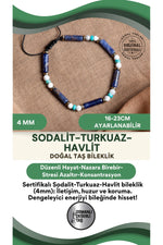 SERTİFİKALI Sodalite Turkuaz Havlit Doğal Taş Makrome Bileklik 4 mm