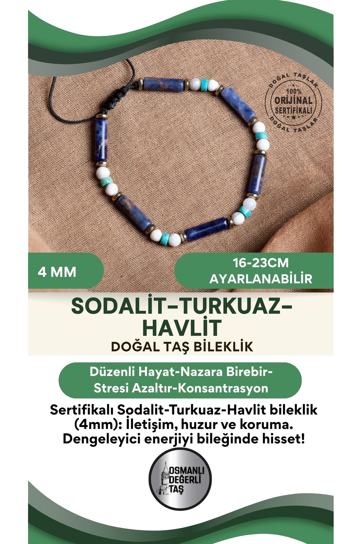 SERTİFİKALI Sodalite Turkuaz Havlit Doğal Taş Makrome Bileklik 4 mm
