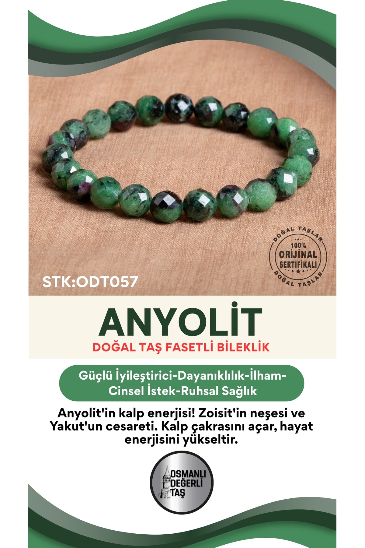 Sertifikalı Anyolit Doğal Taş Fasetli Bileklik ODT057