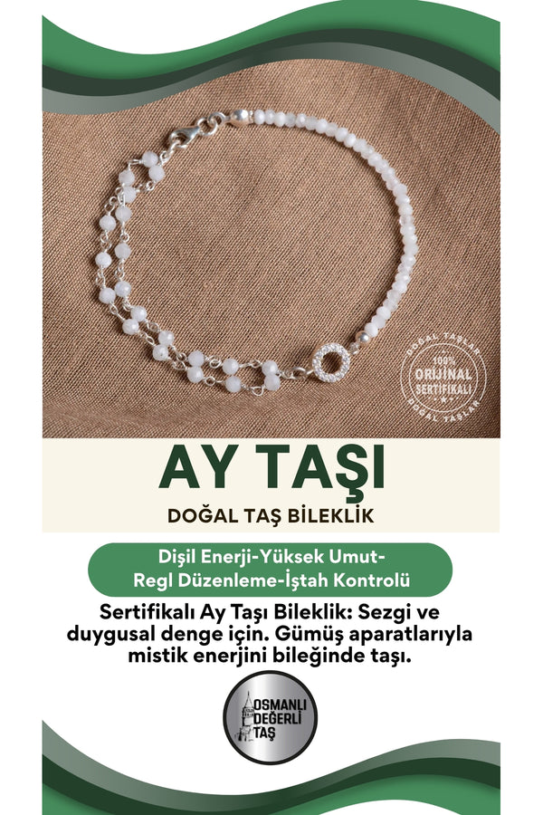 SERTİFİKALI Ay Taşı Doğal Taş Gümüş Aparatlı Bileklik