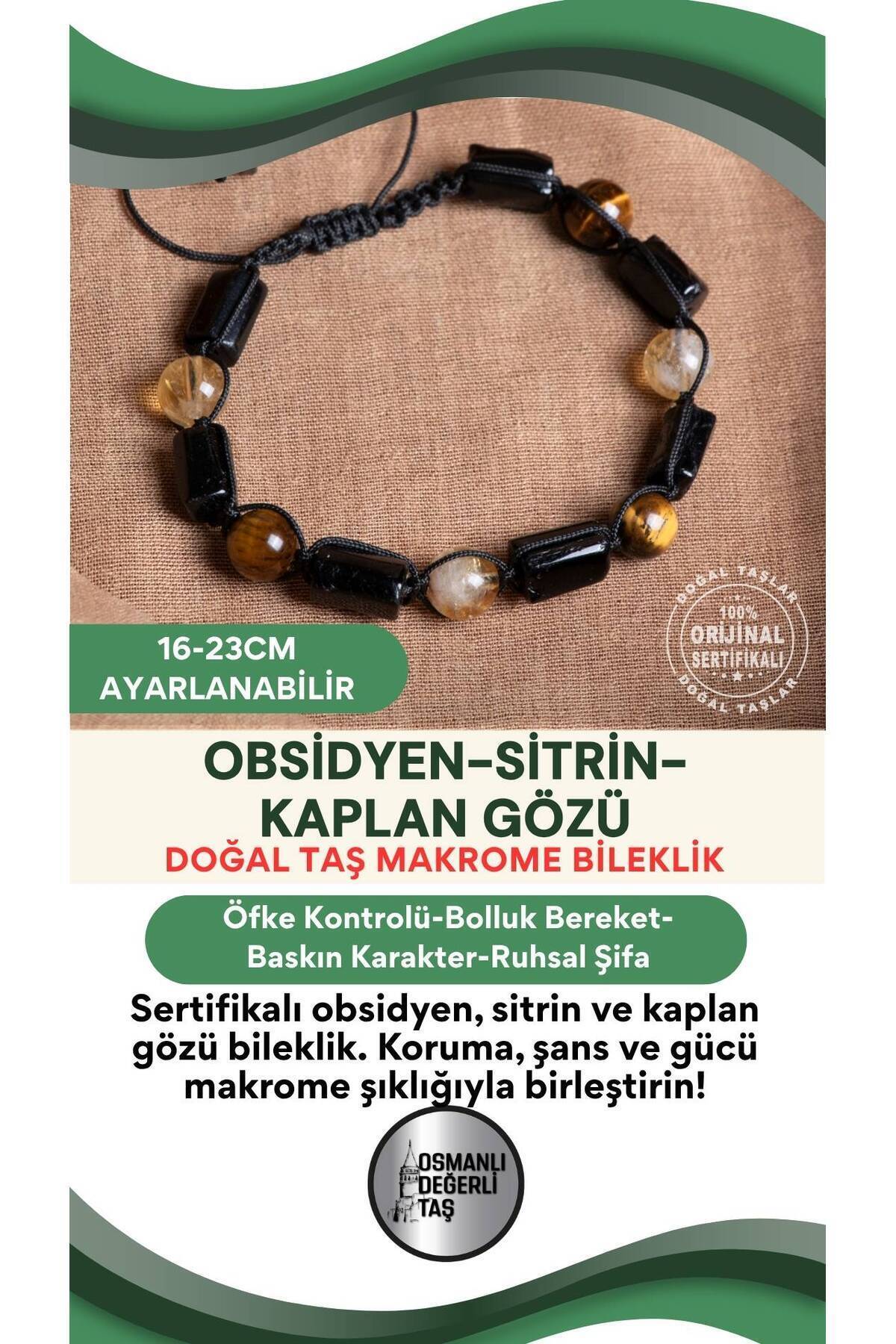 SERTİFİKALI Obsidyen-Sitrin-Kaplan Gözü Doğal Taş Ayarlanabilir Makrome Bileklik