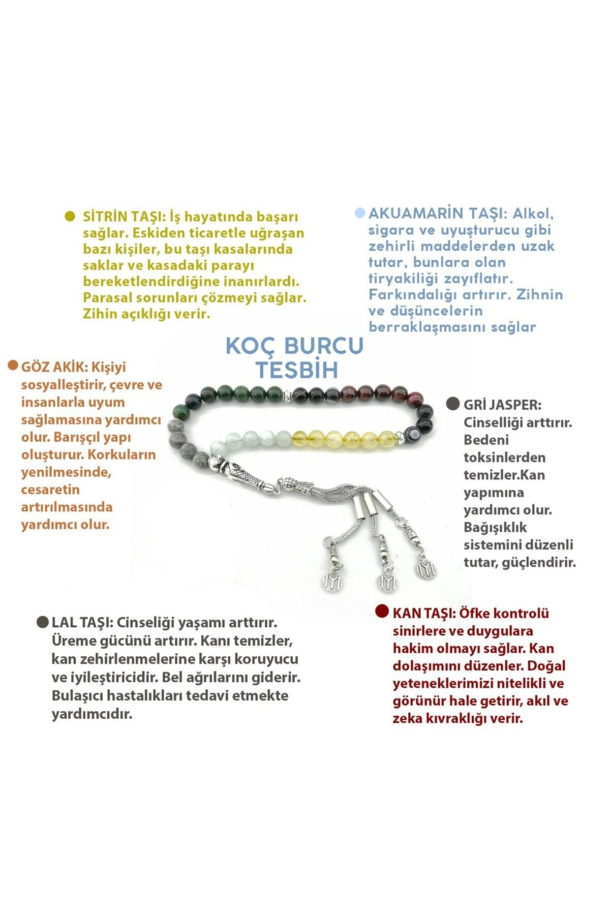 Sertifikalı Koç Burcu Tesbih-sitrin Taşı-akuamarin-göz Akik-gri Jasper-lal Taşı-kan Taşı