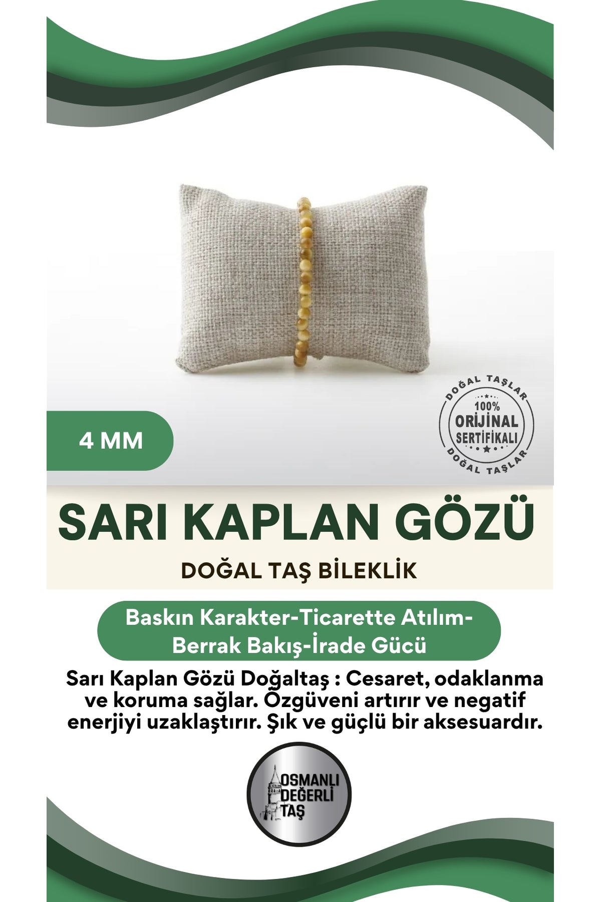 Sertifikalı Sarı Kaplan Gözü Doğaltaş Bileklik 4 Mm, B994