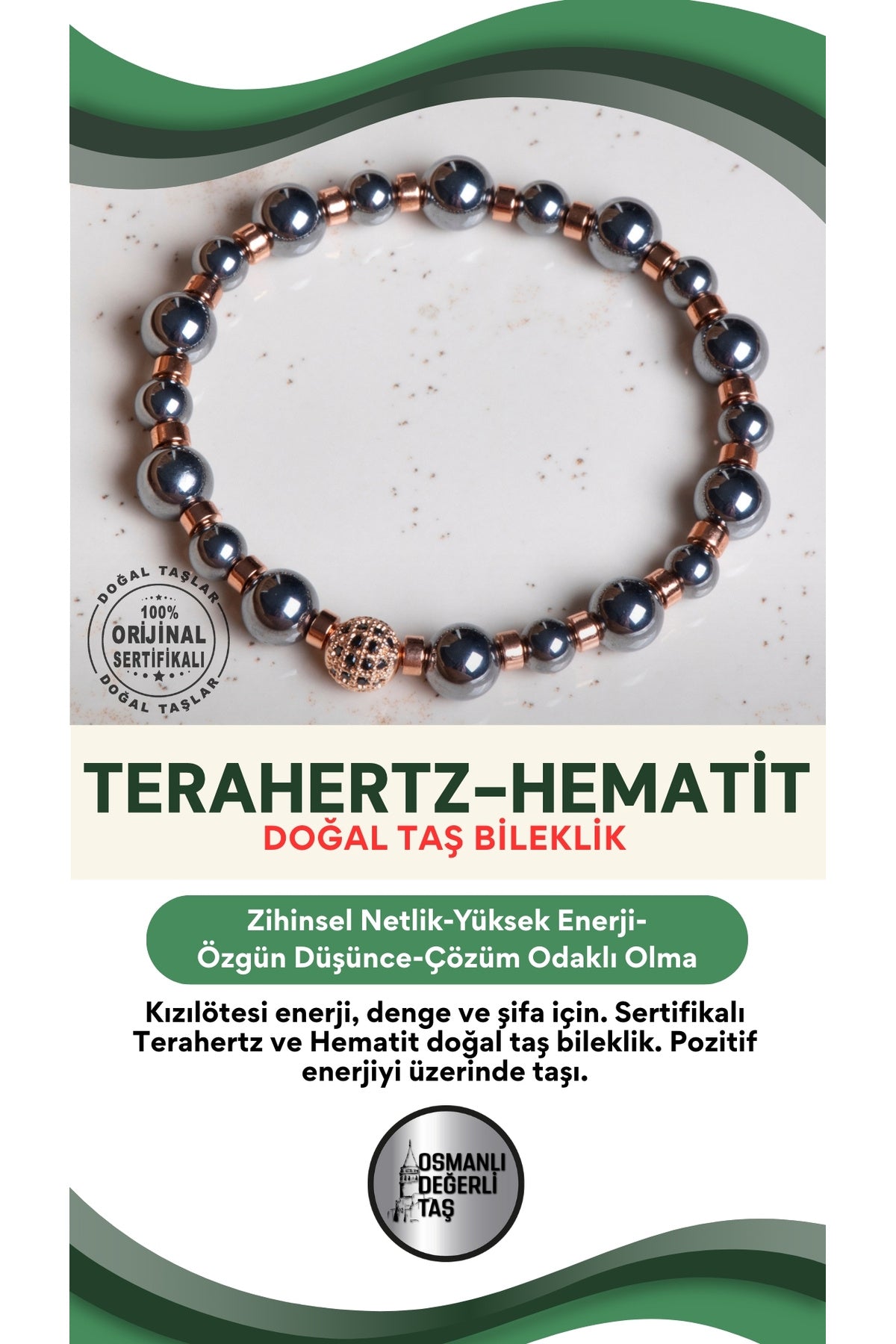 SERTİFİKALI Terahertz-Hematit Doğal Taş Makrome Ayarlanabilir Zirkon Aparatlı Bileklik