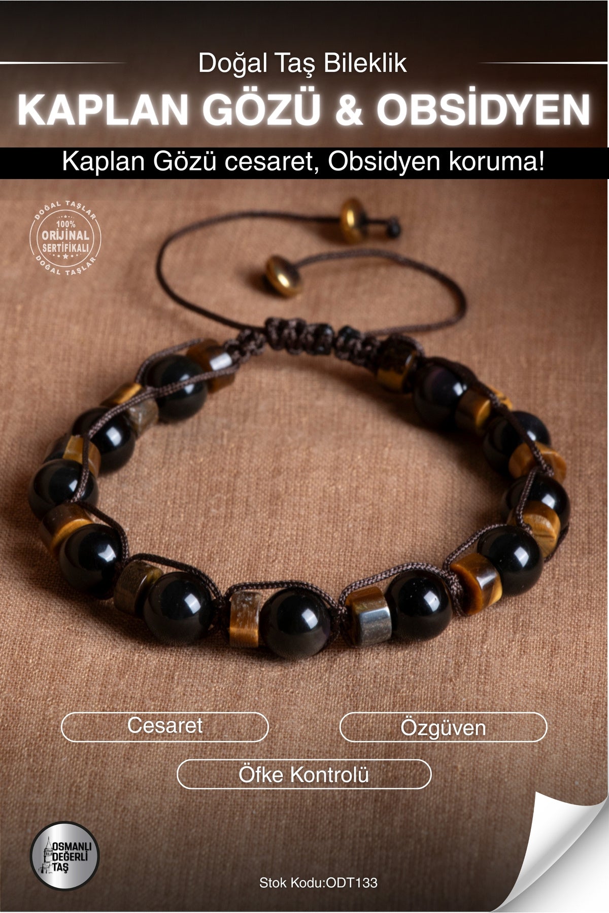 Sertifikalı KAPLAN GÖZÜ & OBSİDYEN Doğal Taş Makrome Bileklik ODT133