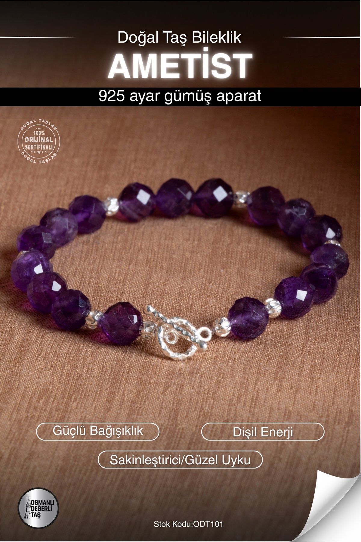Sertifikalı Ametist Doğal Taş 925 Ayar Gümüş Aparatlı Bileklik ODT101