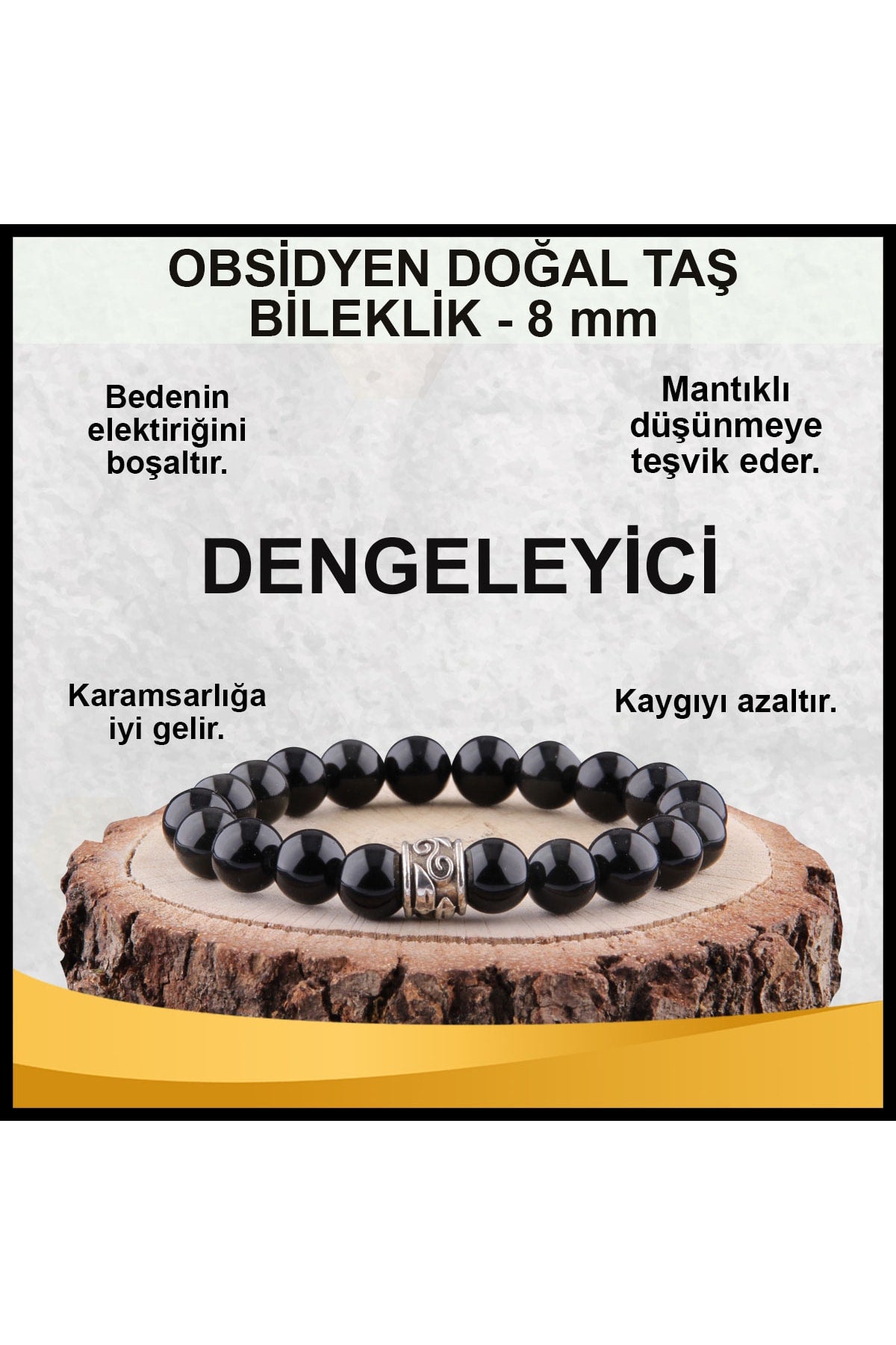 Sertifikalı Obsidyen Doğal Taş Bileklik 8 Mm - B872