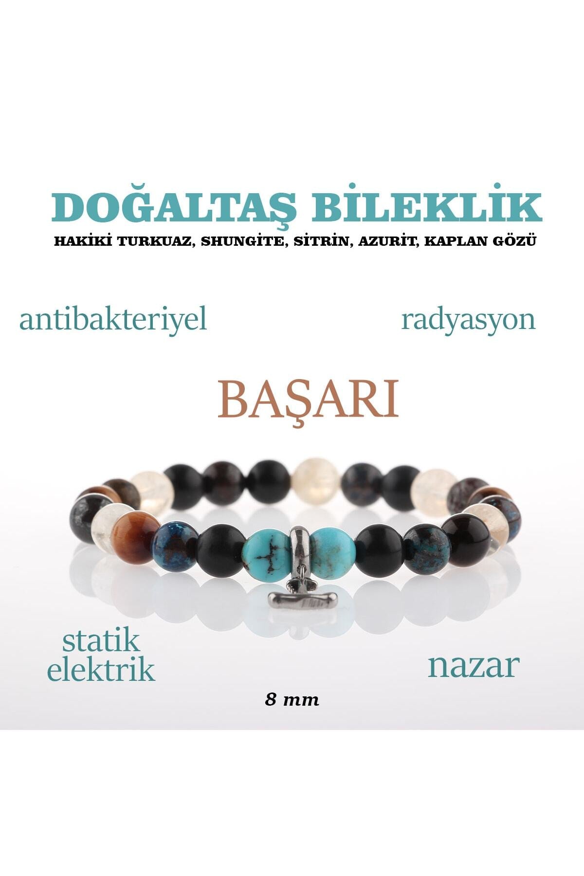 Sertifikalı Hakiki Turkuaz, Shungite, Sitrin, Azurit, Kaplan Gözü Doğaltaş Bileklik 8 Mm, B906