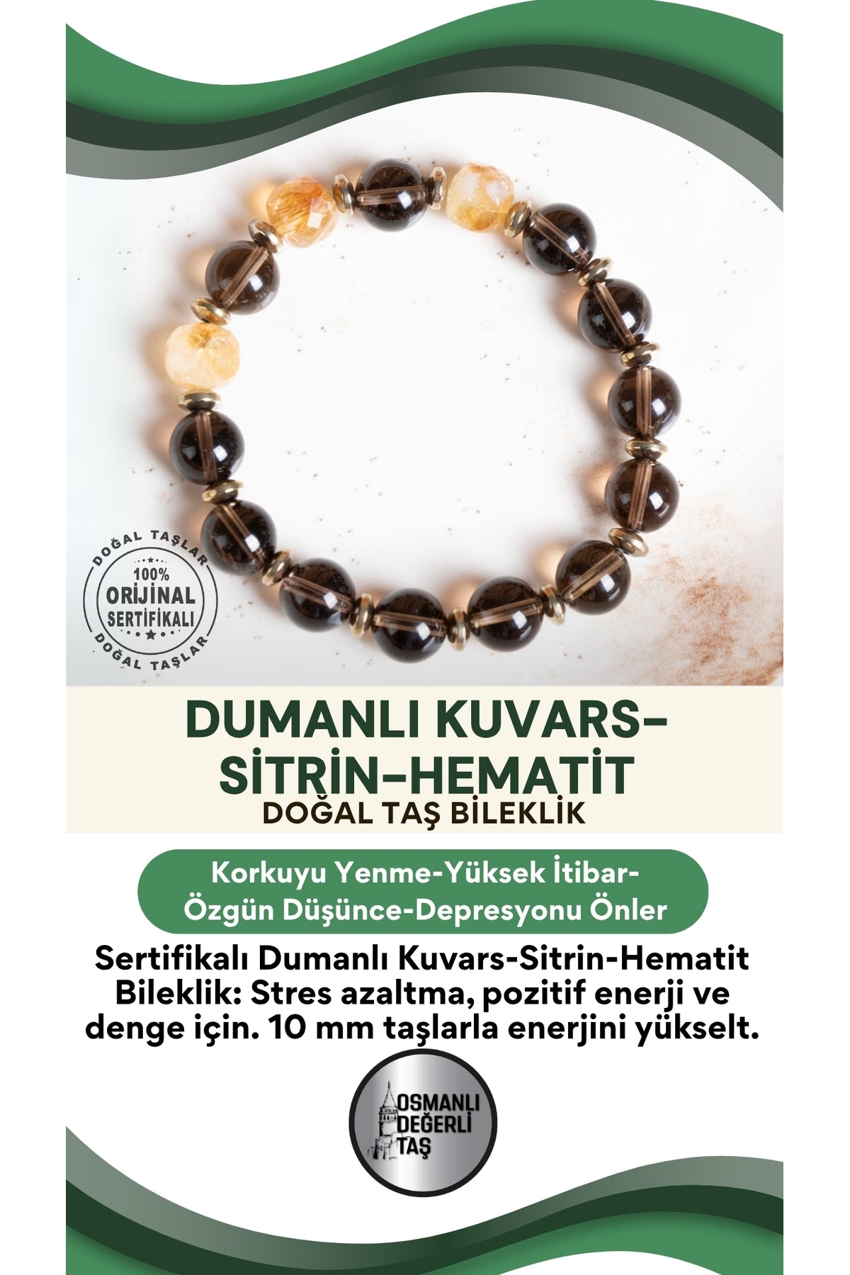 SERTİFİKALI Dumanlı Kuvars-Sitrin-Hematit Doğal Taş Bileklik (10 mm)