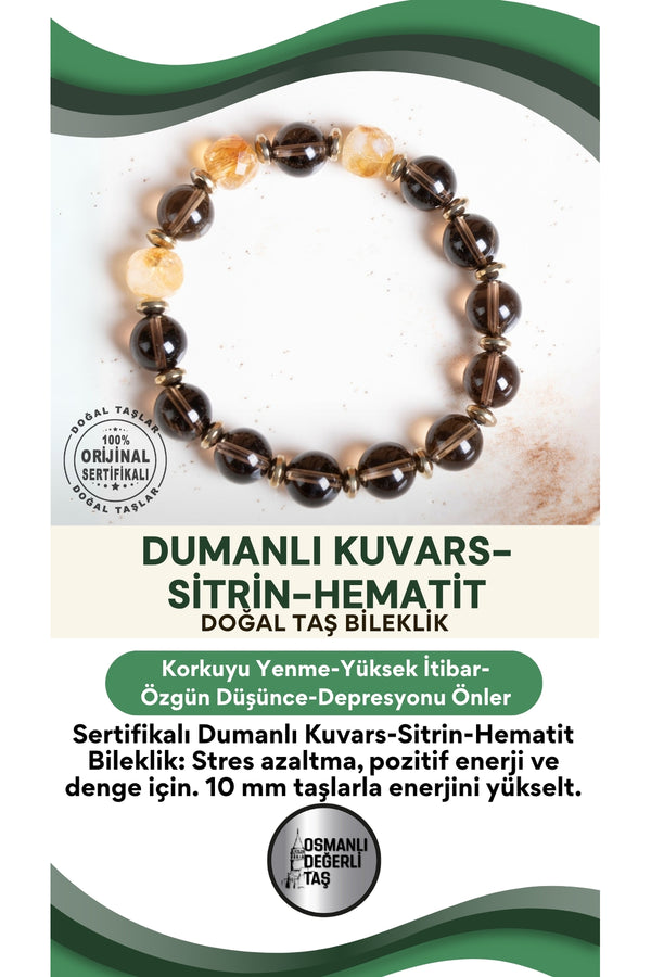 SERTİFİKALI Dumanlı Kuvars-Sitrin-Hematit Doğal Taş Bileklik (10 mm)