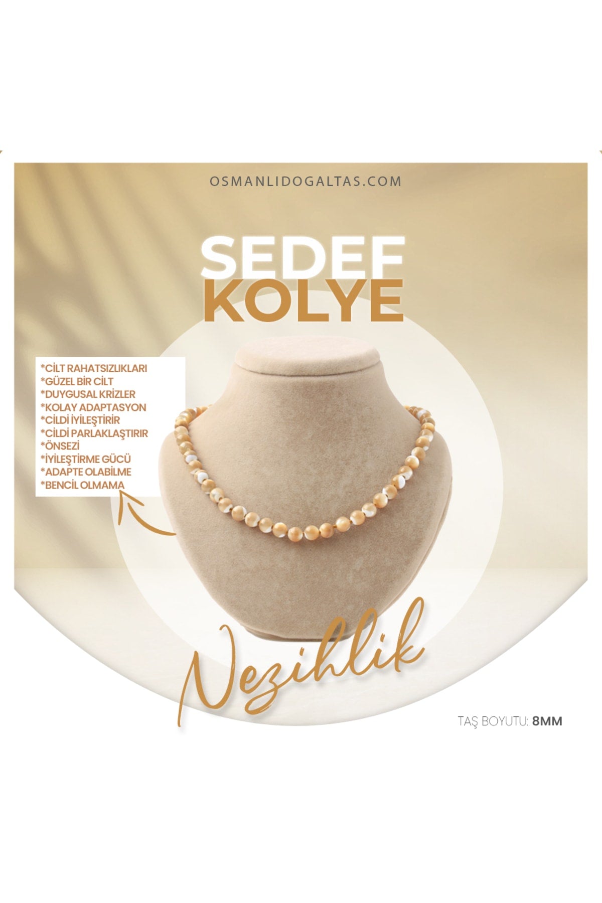 Sertifikalı Sedef Doğaltaş Kolye 8 Mm, M542