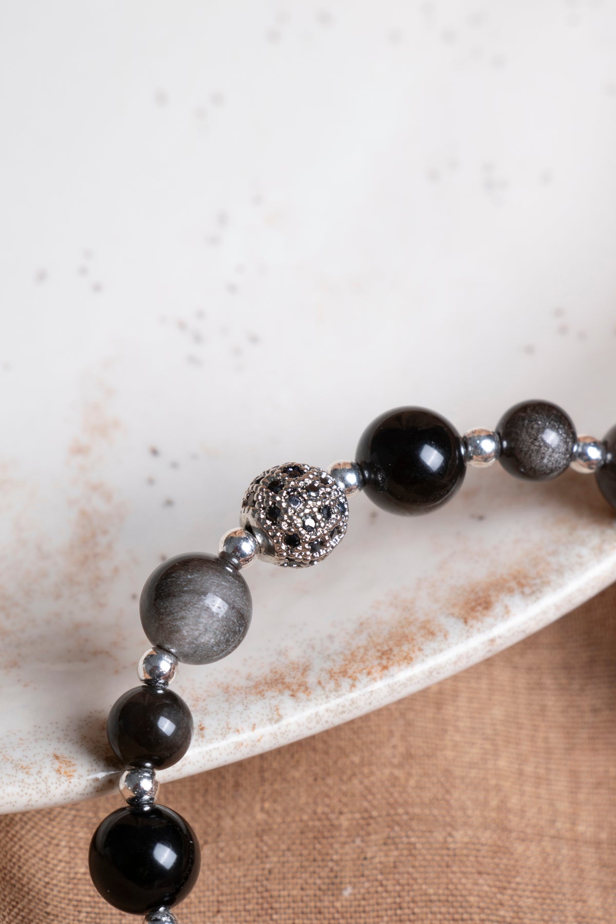 SERTİFİKALI Obsidyen-Hematit Doğal Taş Bileklik 6-8 mm