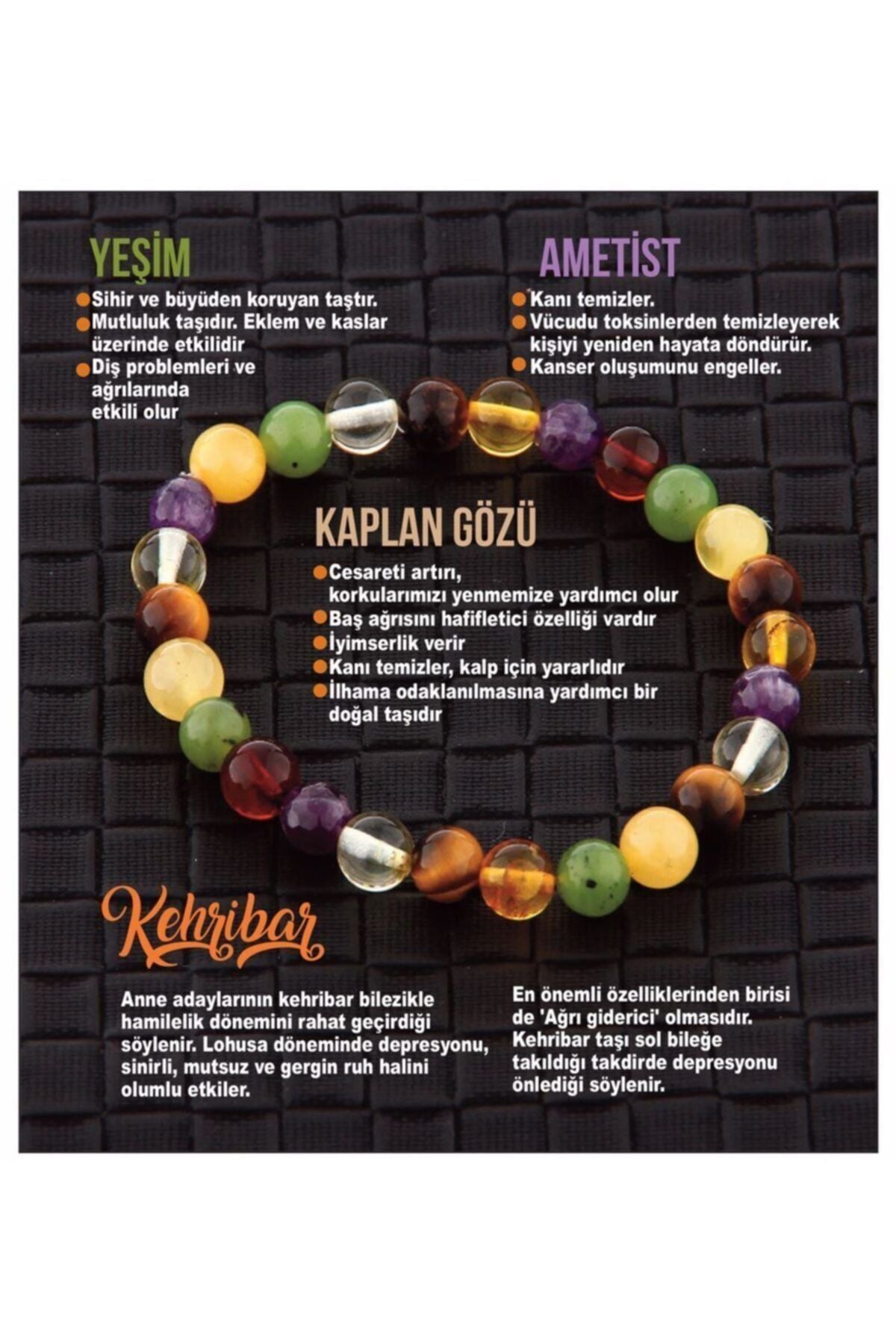Sertifikalı Doğal Taş Bileklik - 6mm Kaplan Gözü,kehribar,yeşim,ametist