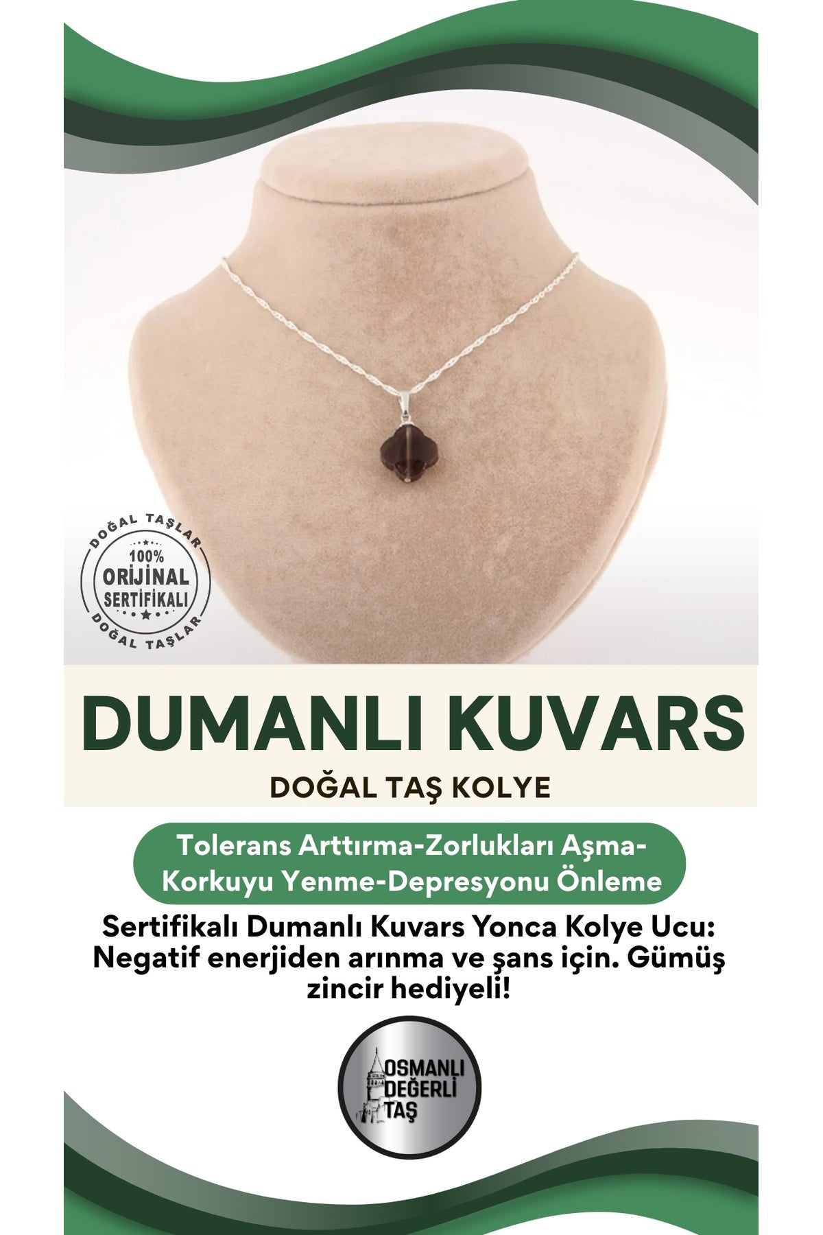 Sertifikalı Dumanlı Kuvars Yonca Doğal Taş Kolye Ucu (GÜMÜŞ ZİNCİR HEDİYE) M338
