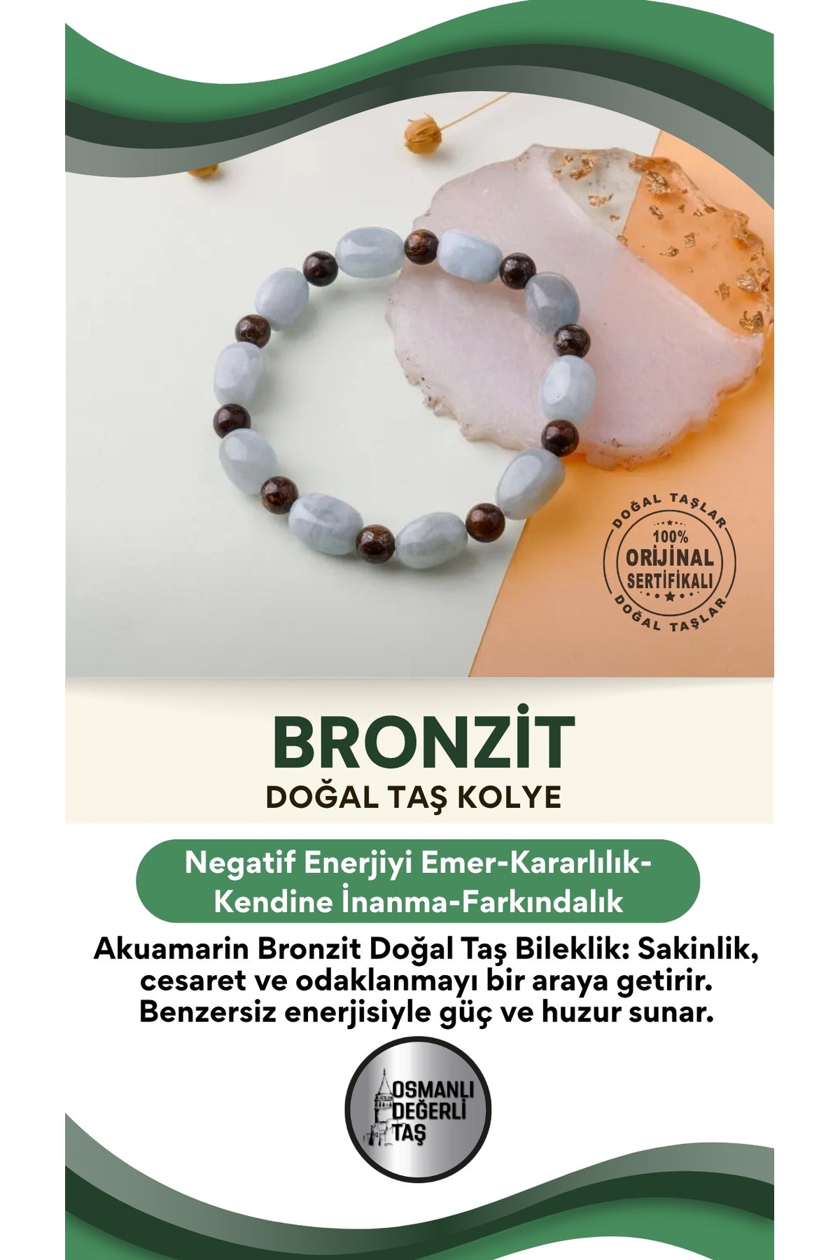 Sertifikalı Özel Tasarım Akuamarin Bronzit Doğal Taş Bileklik