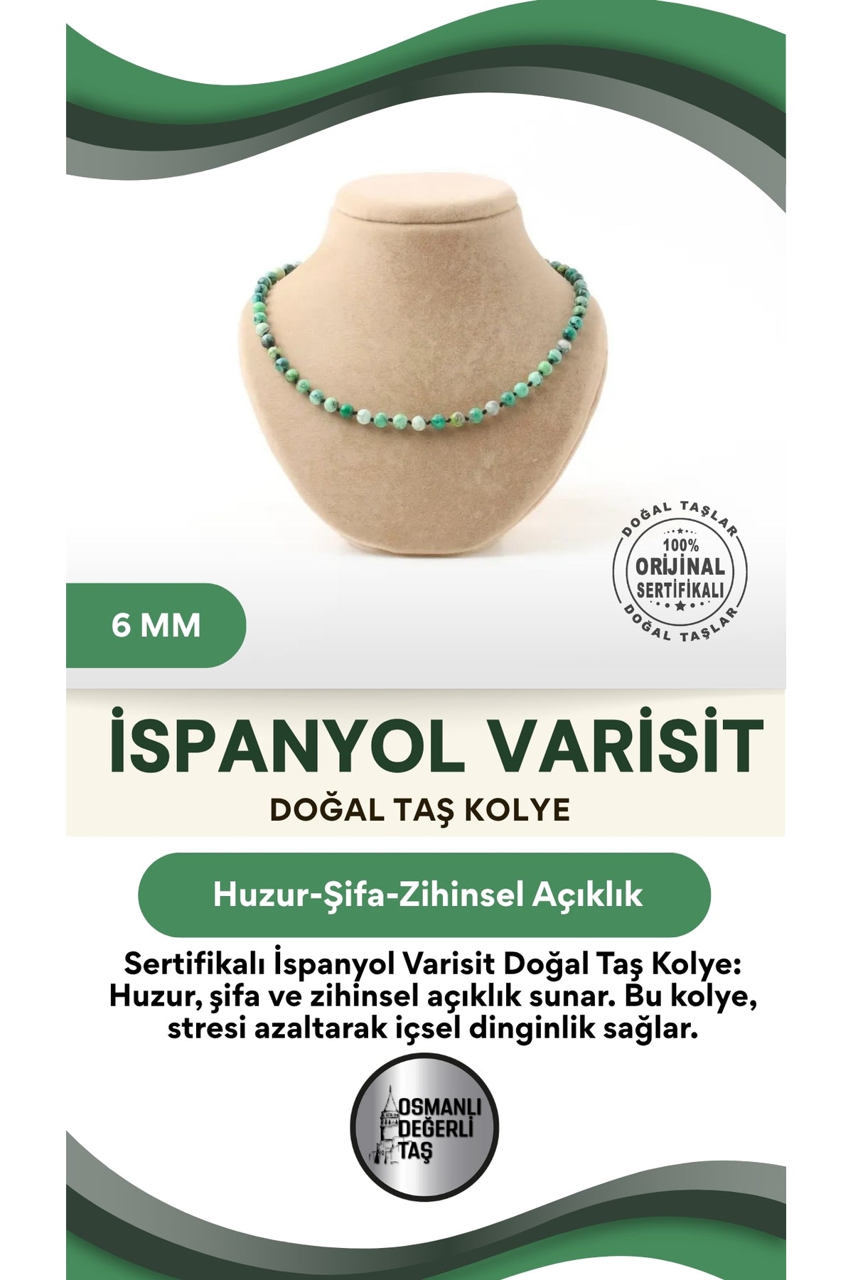 Sertifikalı Ispanyol Varisit Doğaltaş Kolye 6 Mm, M572