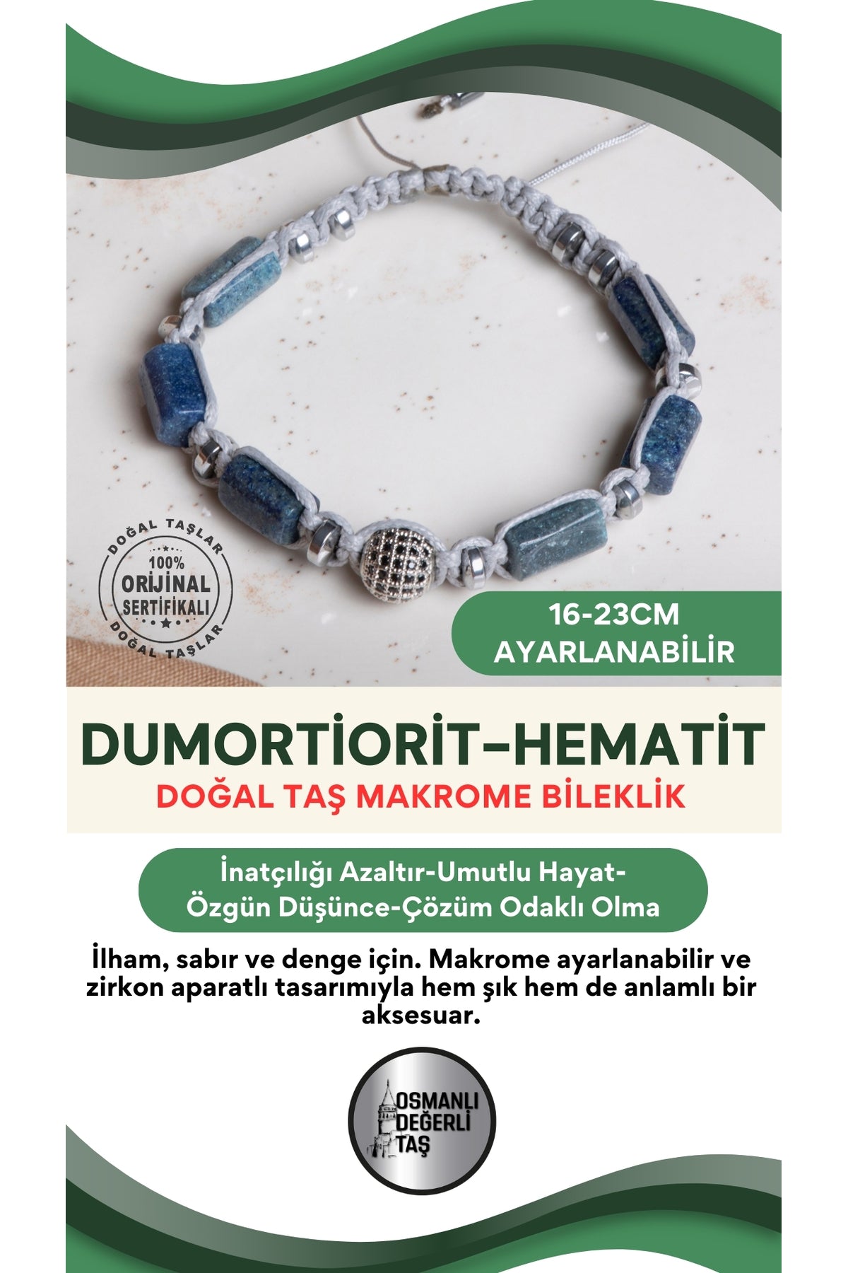 SERTİFİKALI Dumortiorit-Hematit Doğal Taş Makrome Ayarlanabilir Zirkon Aparatlı Bileklik