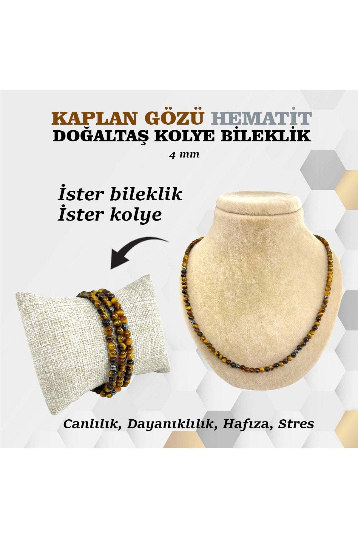 Sertifikalı Kaplan Gözü Hematit Doğaltaş Kolye Bileklik 4 Mm, M426