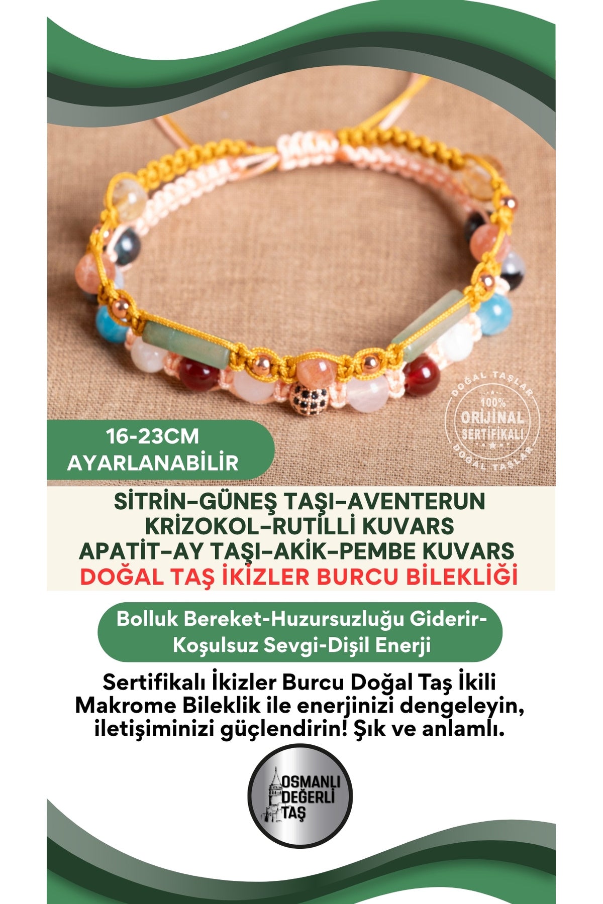 SERTİFİKALI İkizler Burcu Doğal Taş İkili Makrome Bileklik