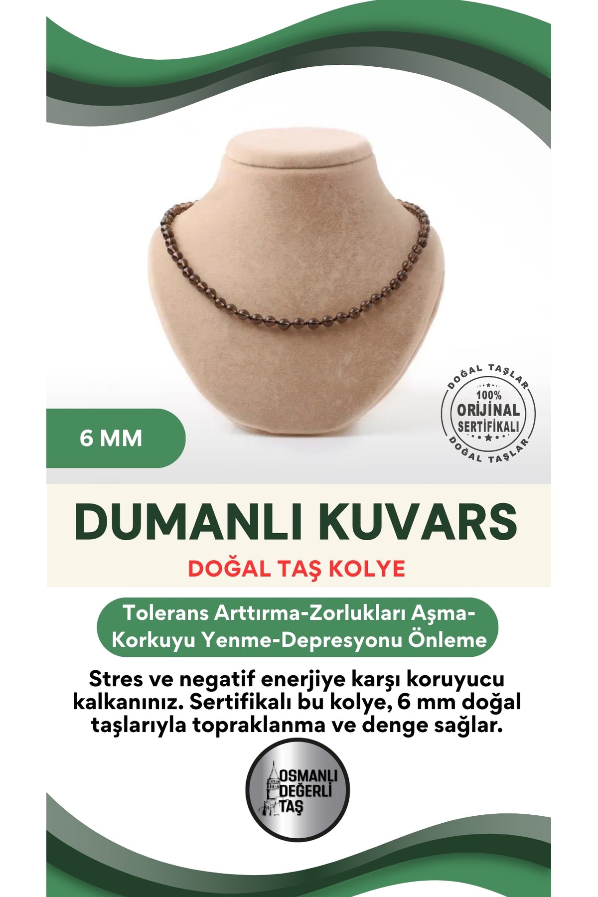 Sertifikalı Dumanlı Kuvars Doğaltaş Kolye 6 Mm, M567