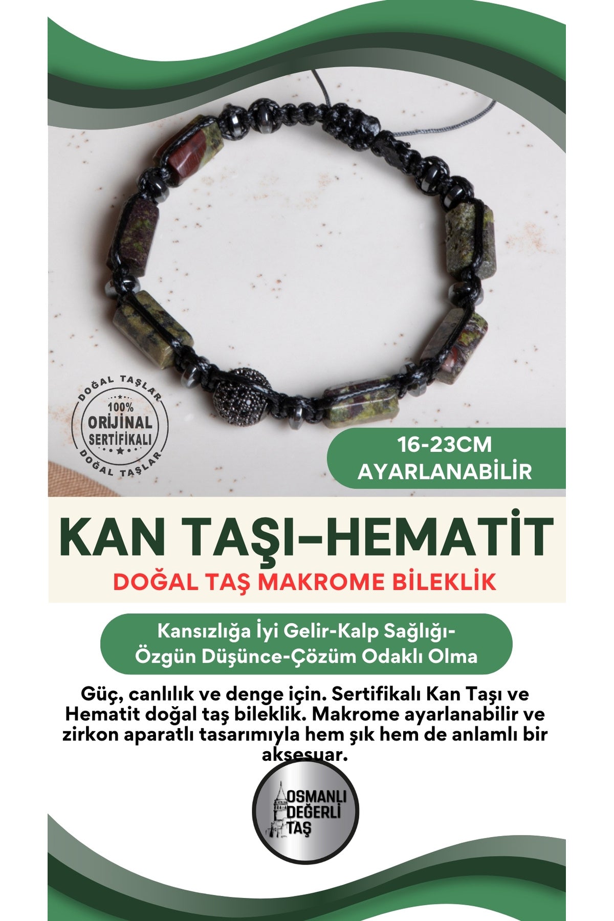 SERTİFİKALI Dragon jasper-Hematit Doğal Taş Makrome Ayarlanabilir Zirkon Aparatlı Bileklik