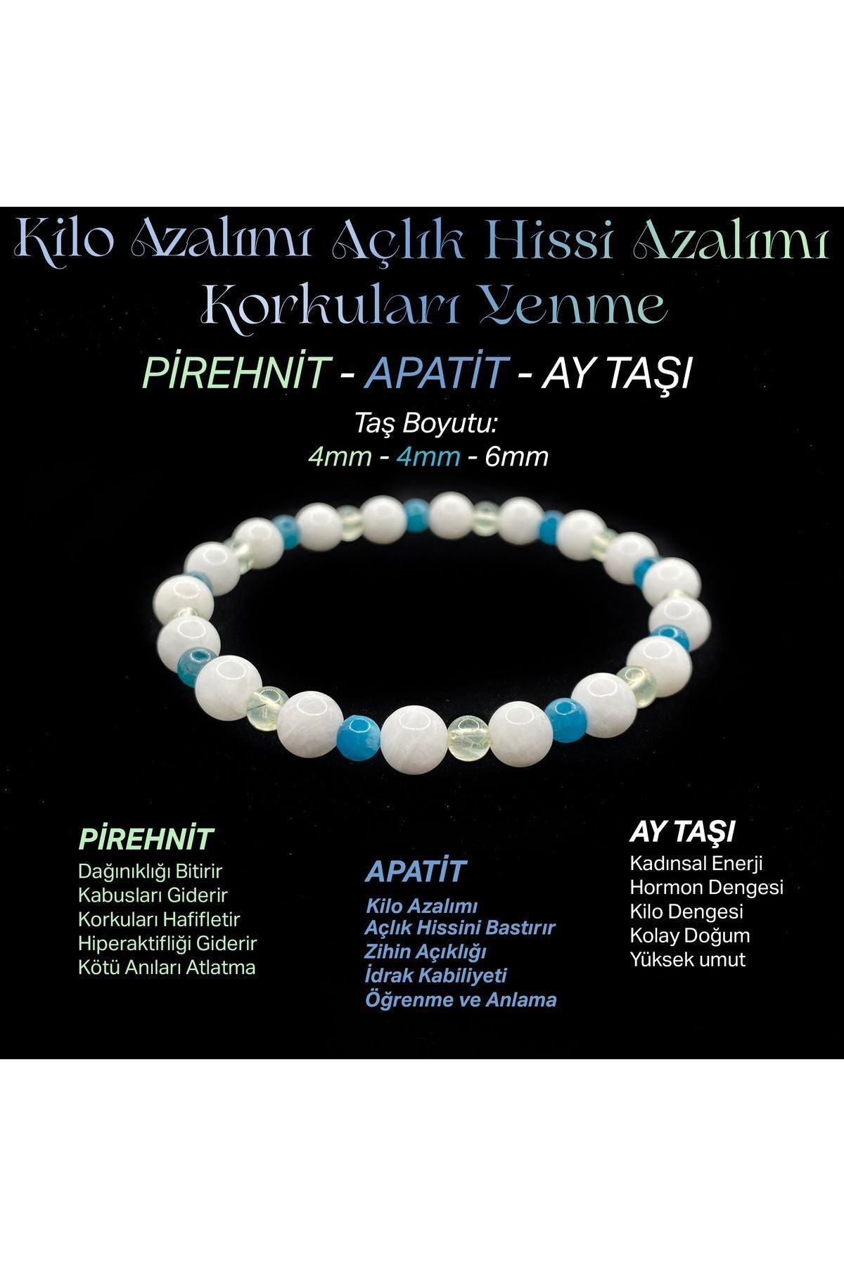 Zayıflama Açlık Bastırma Bilekliği - Ay Taşı - Prehnit - Apatit 4mm-6mm  Orijinal Doğal Taş Bileklik