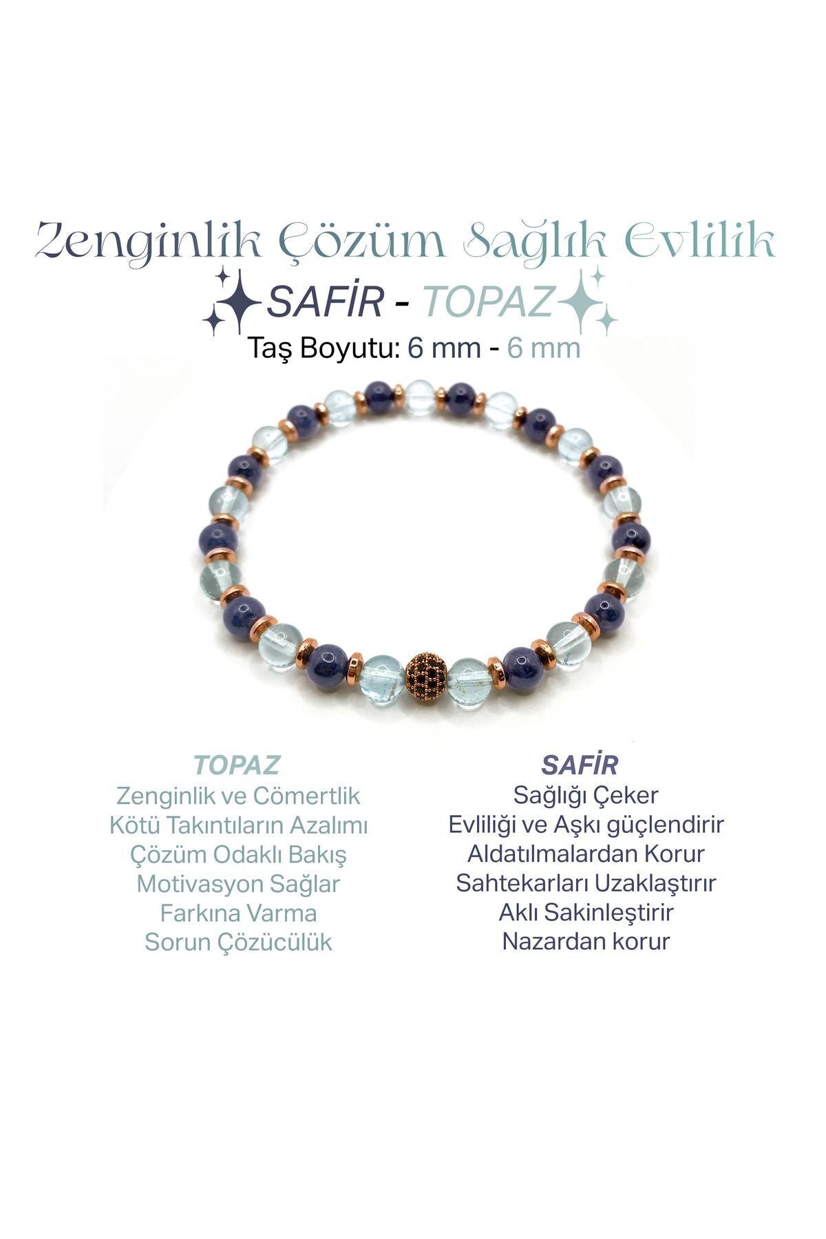 Sertifikalı Hakiki Orijinal 6mm Safir - Topaz - Hematit Doğal Taş Misinalı Bileklik