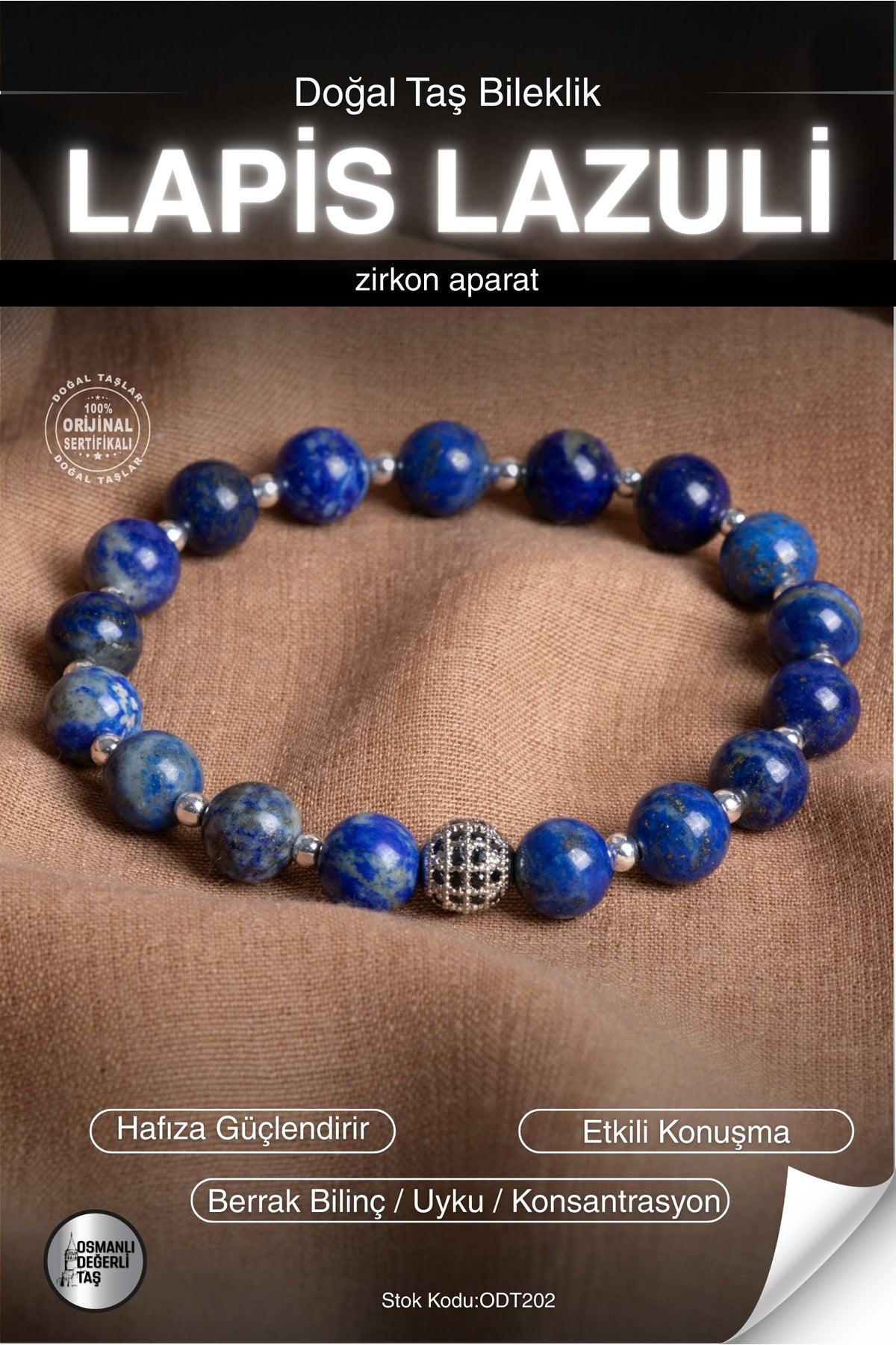 SERTİFİKALI Lapis Lazuli Doğal Taş Zirkon Aparat Bileklik ODT202