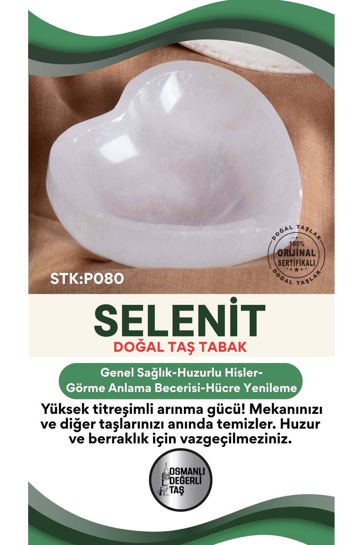 Sertifikalı Selenit Doğal Taş Kalp Tabak No:4 P080