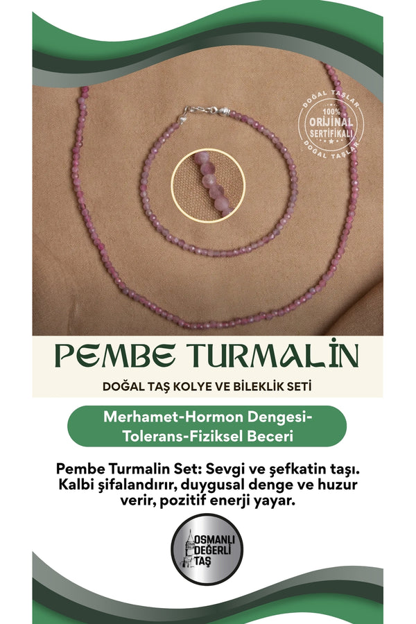 Sertifikalı Pembe Turmalin Doğal Taş Kolye ve Bileklik Seti