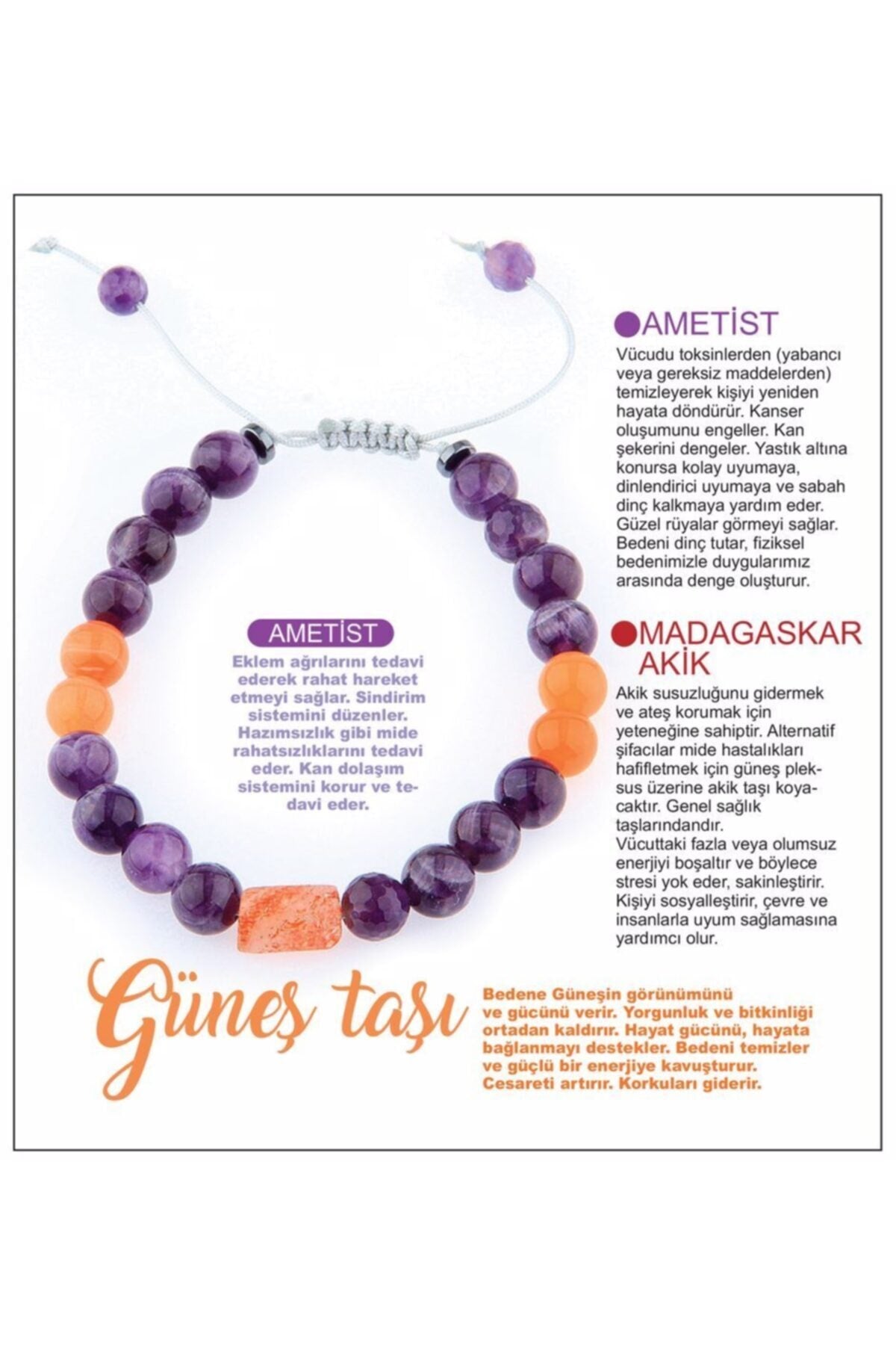 Sertifikalı Doğal Taş Bileklik - Ametist-madagaskar Akik-güneş Taşı