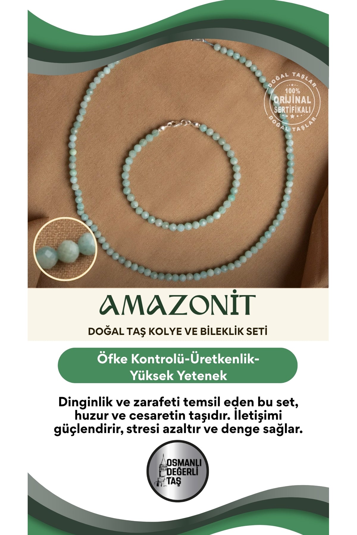 Sertifikalı Amazonit Doğal Taş Kolye ve Bileklik Seti – Dinginlik ve Zarafet