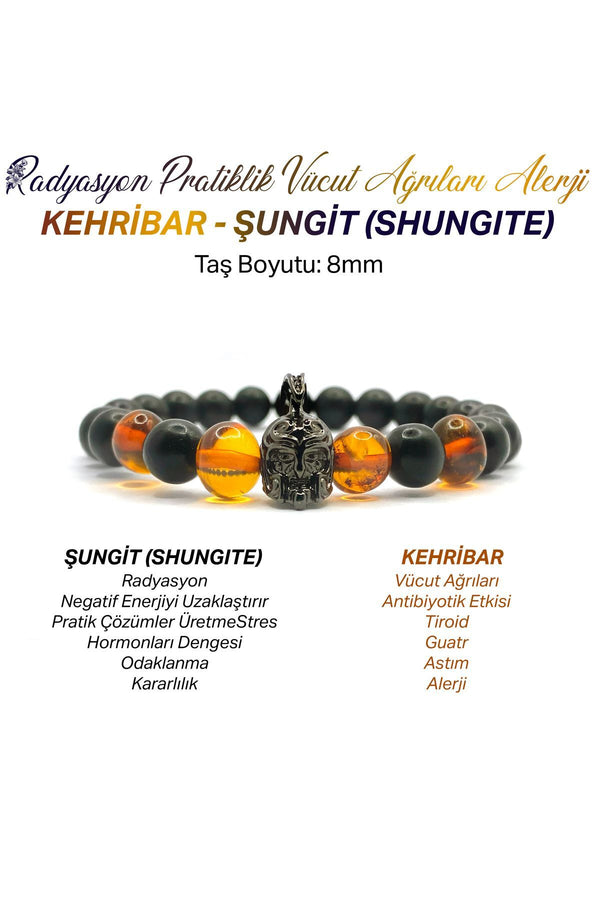 Kehribar Shungite Gladyatör Aparatlı 8mm Doğal Taş Bileklik