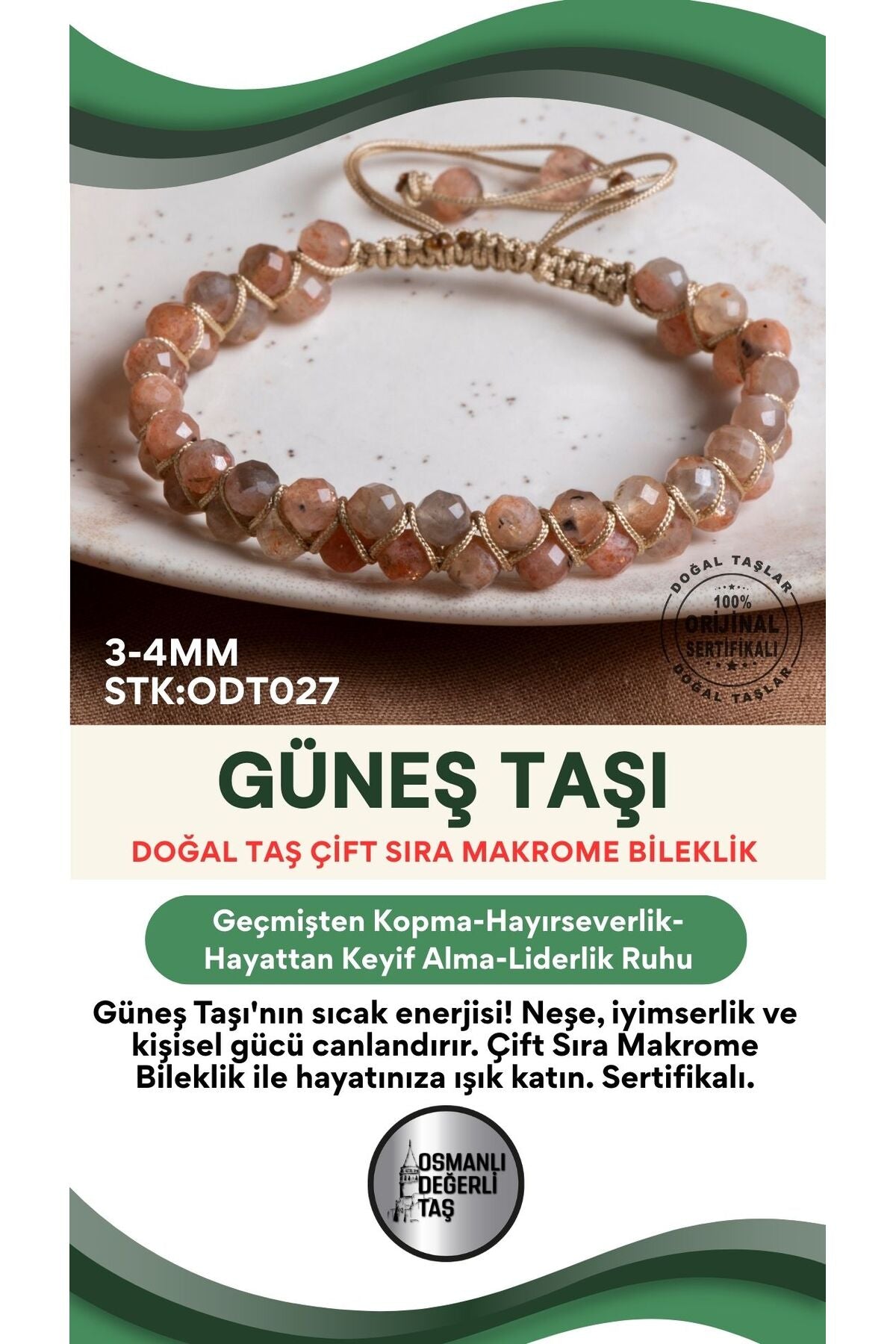 Sertifikalı Güneş Taşı Doğal Taş Çift Sıra Makrome Bileklik ODT027