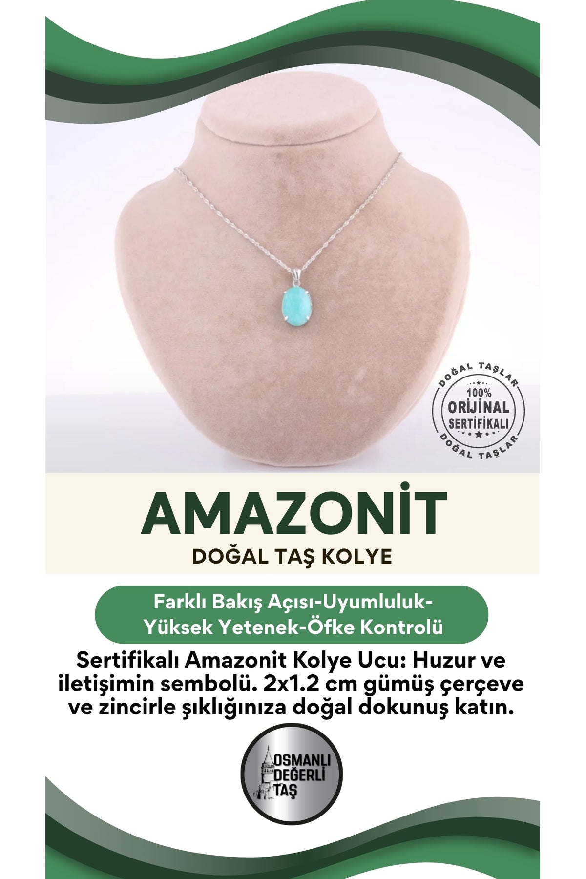 Sertifikalı Amazonit Doğal Taş Gümüş Çerçeveli Ve Zincirli Kolye Ucu - 2 X 1,2 Cm M344